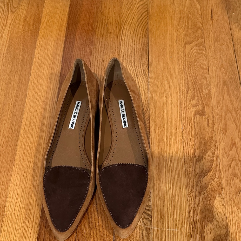 Manolo Blahnik Brown and Tan Suede Flats